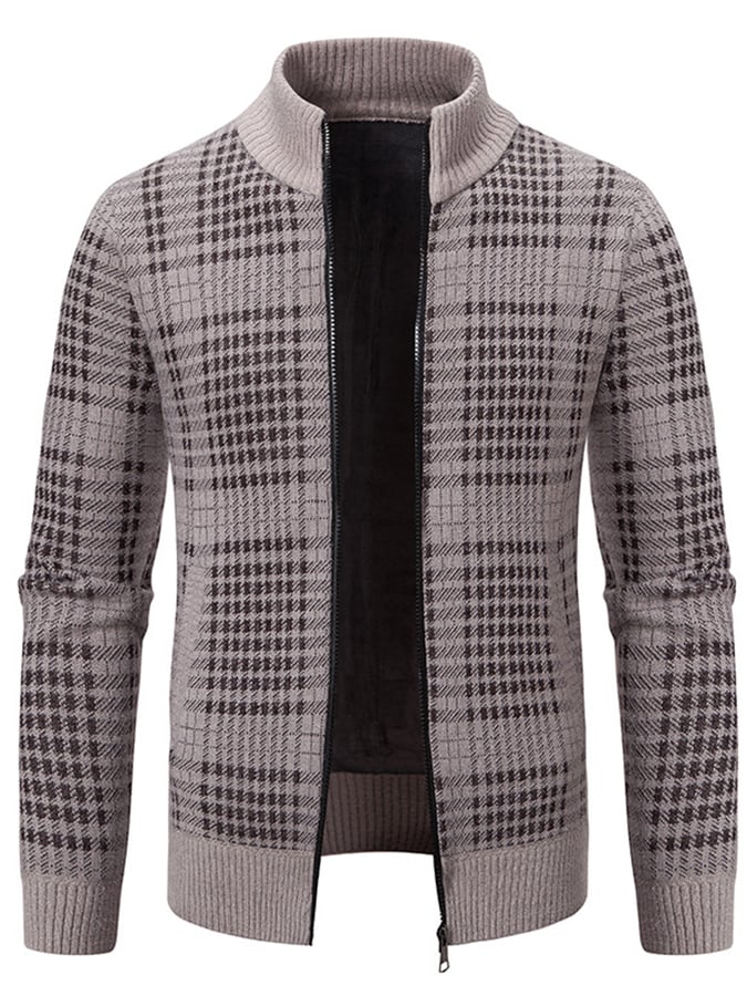 Men's Fashionable Plaid Design Warm Zipper Sweater Jacket