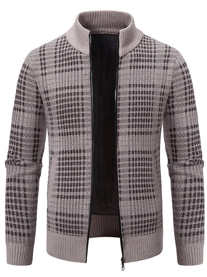 Men's Fashionable Plaid Design Warm Zipper Sweater Jacket