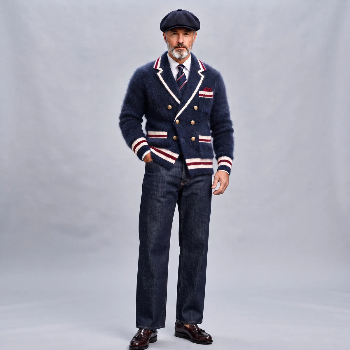 Men's Navy Blue Notch Lapel Double Breasted Contrast Stripes Knit Fuzzy Texture Blazer