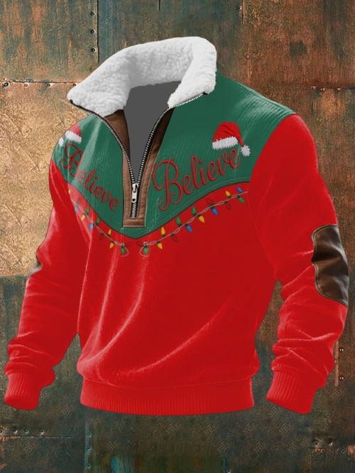 Men's Believe Christmas Print Half Zip Lapel Sweatshirt