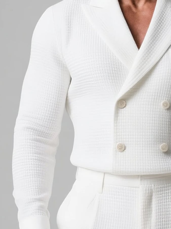 Men's Business Waffle Pattern Peak Lapel Double Breasted Long Sleeve Shirt