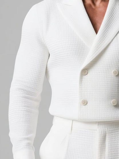 Men's Business Waffle Pattern Peak Lapel Double Breasted Long Sleeve Shirt