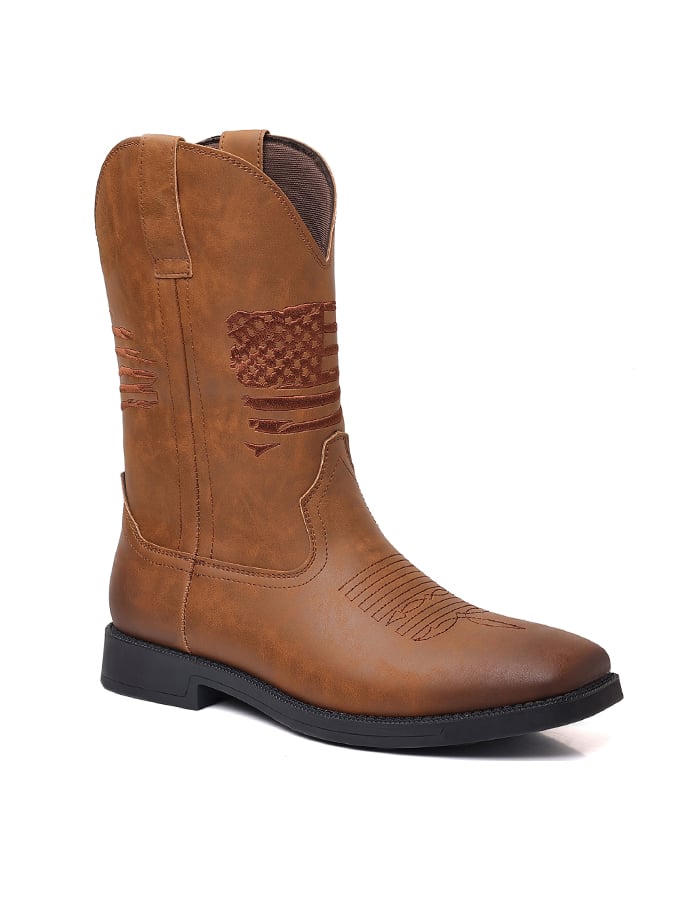 Men's Casual Retro American Flag Element High-Top Embroidered Retro Wide-Toe Western Cowboy Boots