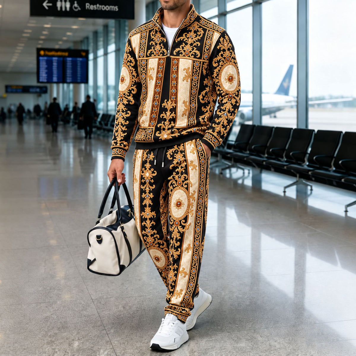 Men's Baroque Stand-Up Collar Long-Sleeve Shirt and Pants Set