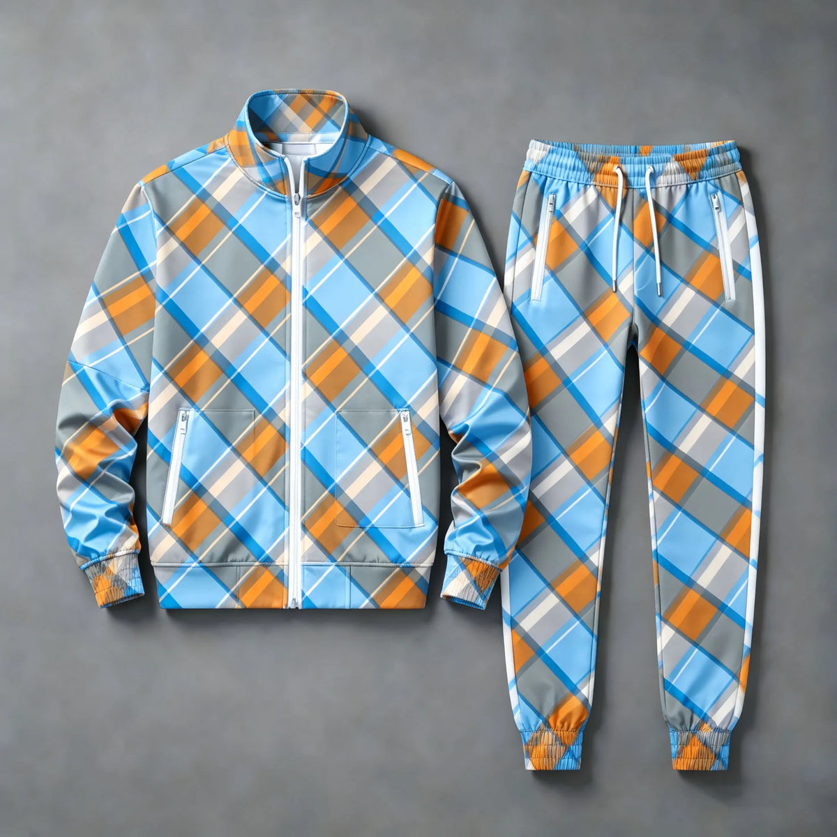 Men's Multicolor Checkered Stand-Up Collar Sweatshirt and Pants Set
