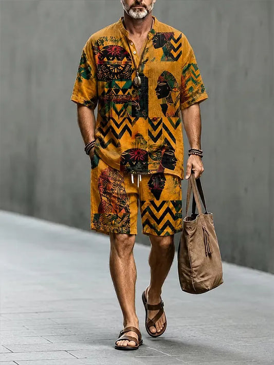 Men's African Tribal Portrait Geometric Mask Print Half Button Shirt Shorts 2pcs Set