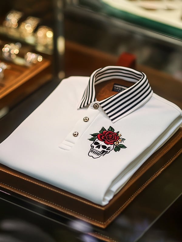 Men's Business Casual Skull Print Button-Down Polo Shirt