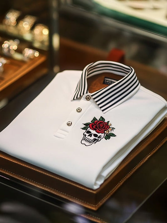 Men's Business Casual Skull Print Button-Down Polo Shirt