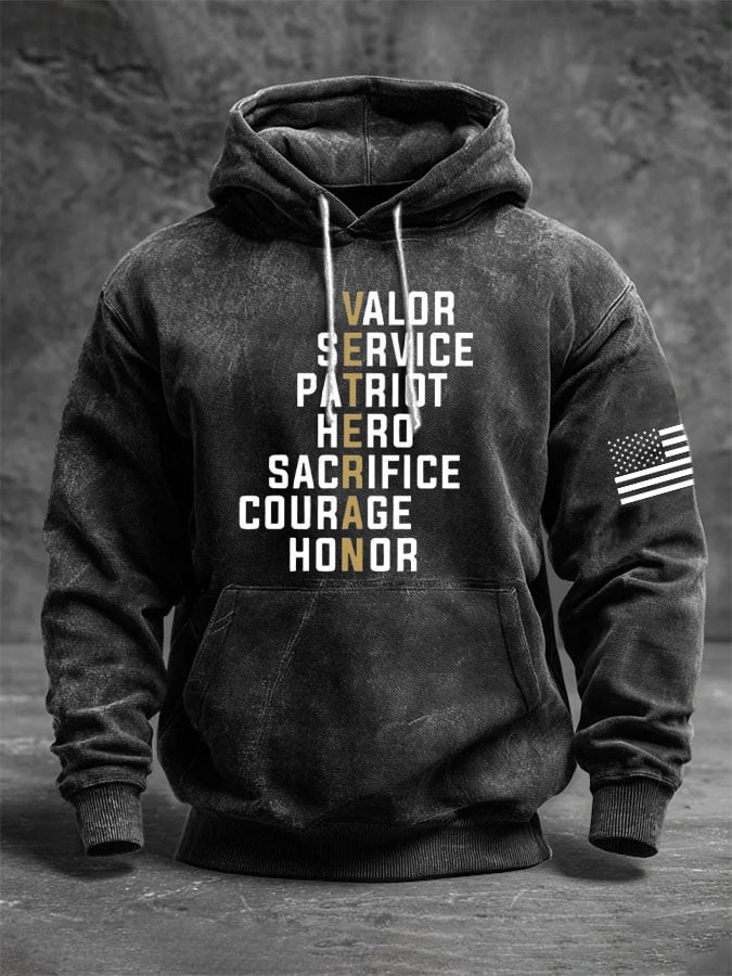 Men's Vintage Veteran Print Casual Long-sleeved Hooded Sweatshirt