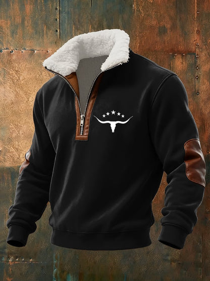 Men's Retro Western Cow Head Design Printed Plush Stand Collar Sweatshirt