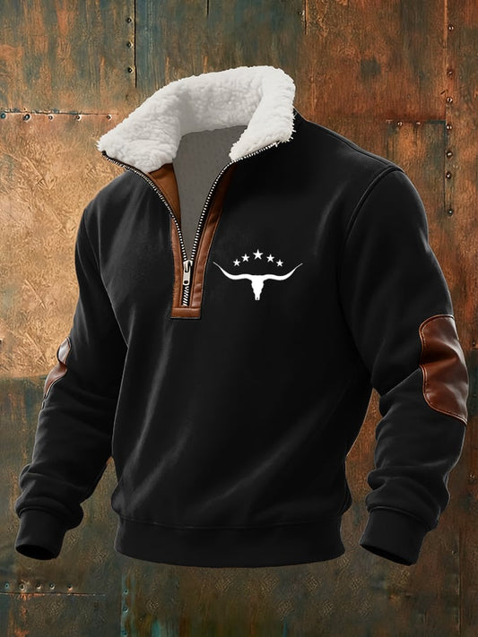Men's Retro Western Cow Head Design Printed Plush Stand Collar Sweatshirt