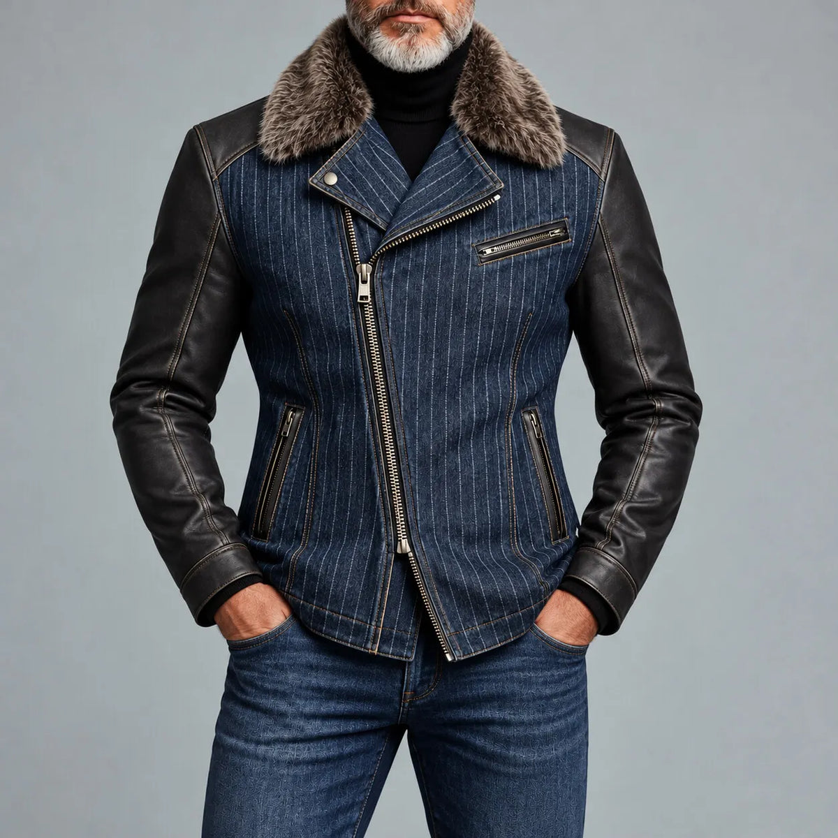 Men's Navy Blue Denim Pinstripe Print Fuzzy Collar PU Leather Long Sleeve Asymmetric Zipper Jacket