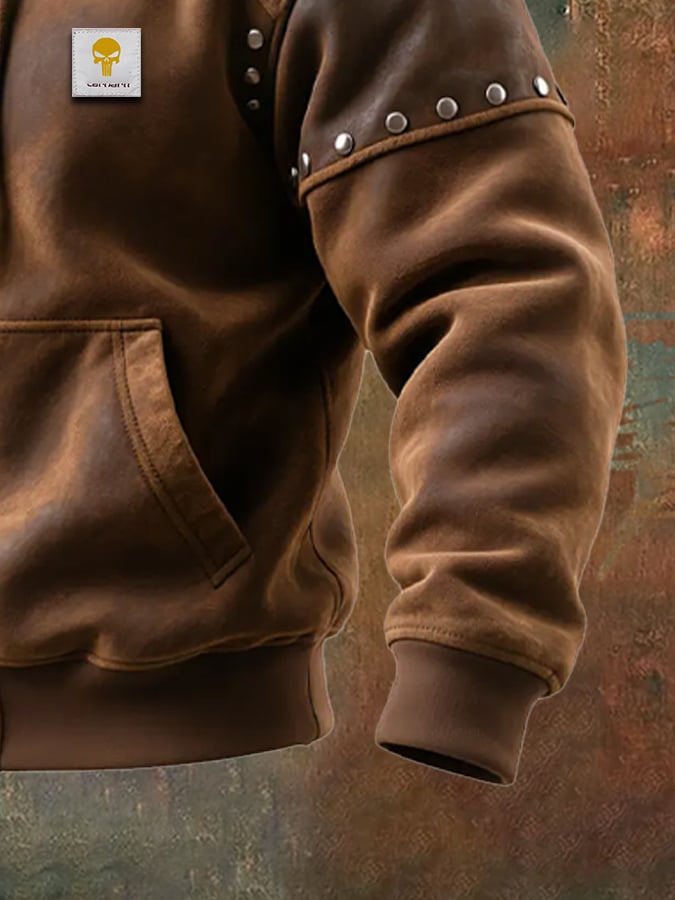 Men's Rivet Vintage Suede Hooded Warm Jacket