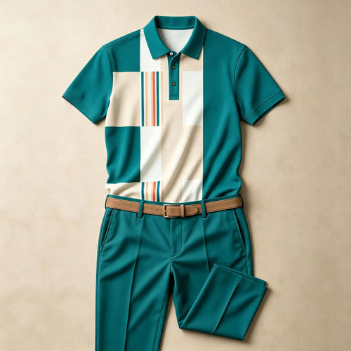 Men's Color-Blocked Short-Sleeve Polo Shirt and Long Pants Two-Piece Set