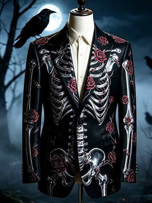 Men's Retro Halloween Skull And Rose Print Casual Blazer