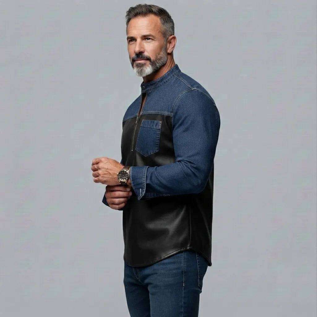 Men's Denim PU Leather Patchwork Stand Collar Half Zip Chest Pocket Slim Fit Shirt