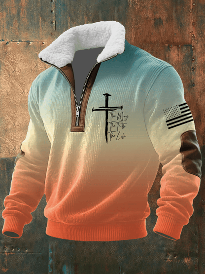 Men's Faith Print Knitted Fabric Zipper Fur Collar Long-Sleeved Sweatshirt