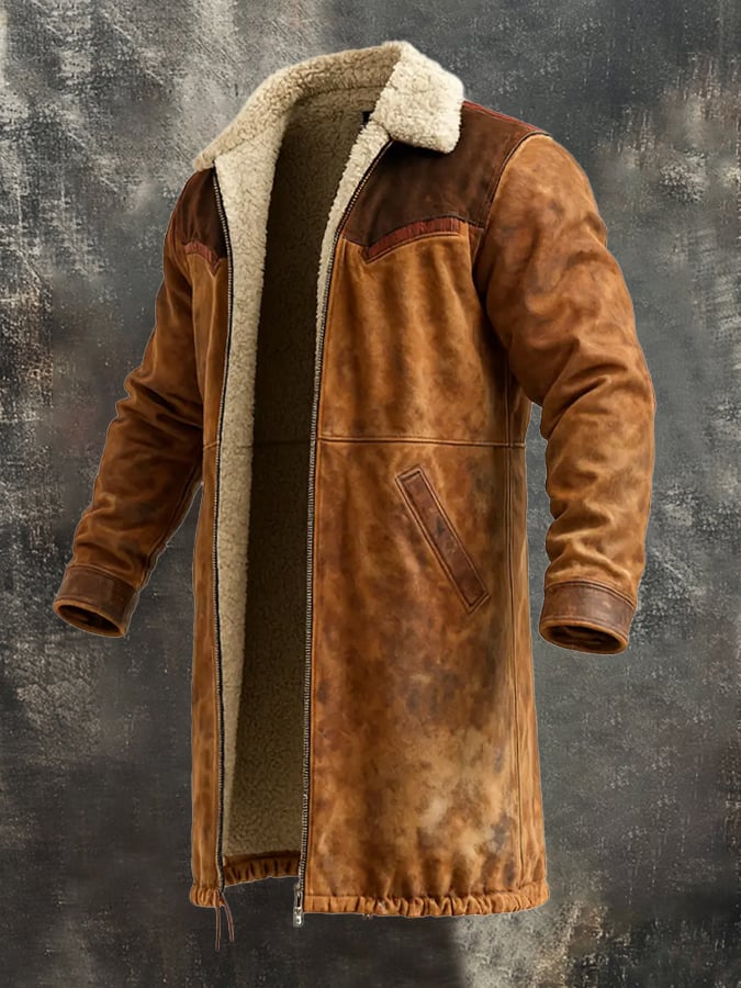 Men's Vintage Distressed Suede and Lambskin Long Coat