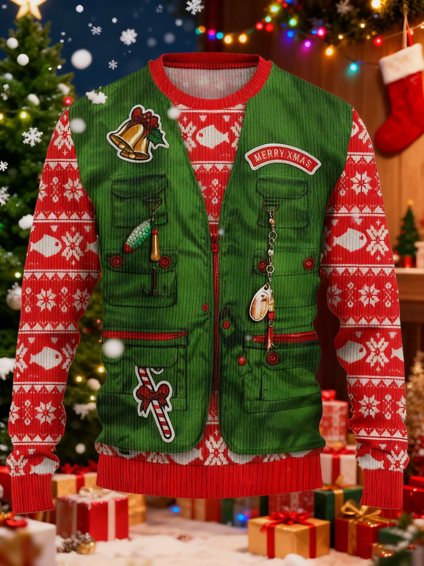 Men's Two Fake Pieces Print Ugly Christmas Sweater