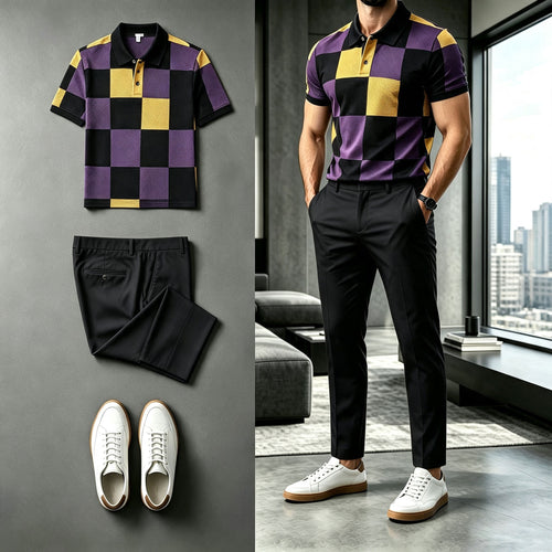 Men's Two-Tone Checkered Short-Sleeve Polo Shirt and Pants Set