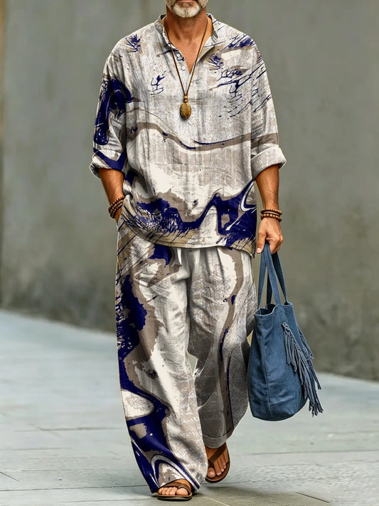 Men's Fashionable Abstract Art Print Cotton Shirt Set