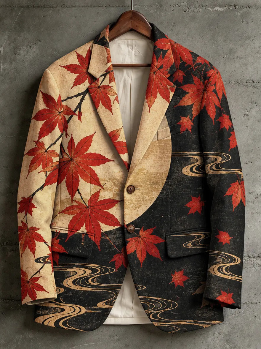 Men's Vintage-style Japanese Maple Leaf Print Casual Blazer