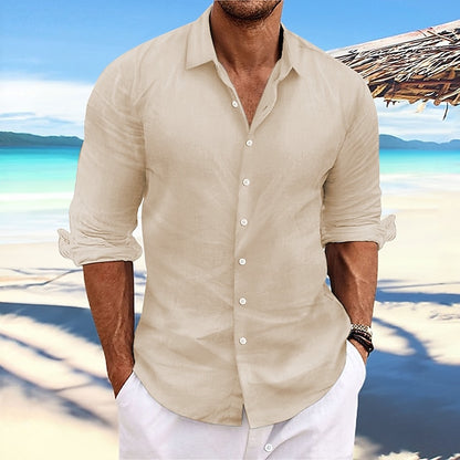 Men's Linen Shirt Summer Shirt Beach Wear Casual Shirt Button Up Shirt Plain Casual Daily Light Yellow White Pink Dark Navy Long-Sleeve Spring & Summer Clothing Apparel