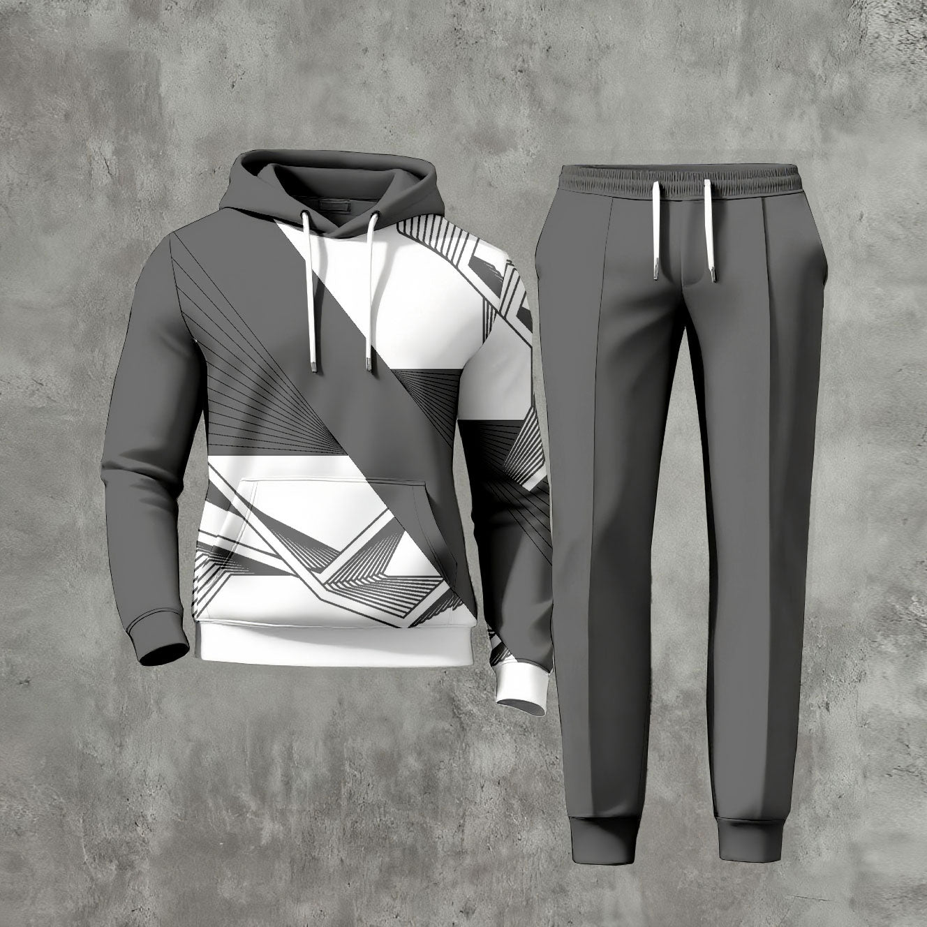 Men's Casual Gray Geometric Patterns Long-Sleeve Hoodies Sweatshirt & Trousers Two-Piece Set
