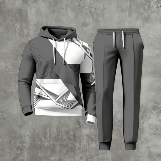 Men's Casual Gray Geometric Patterns Long-Sleeve Hoodies Sweatshirt & Trousers Two-Piece Set