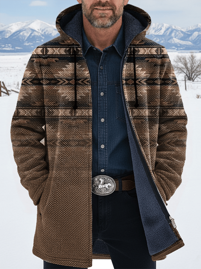 Men's Western Aztec Print Plush Long Sleeve Cardigan Jacket