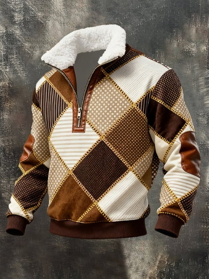 Men's Retro Distressed Color Block Print Casual Fur Collar Long Sleeve Sweatshirt