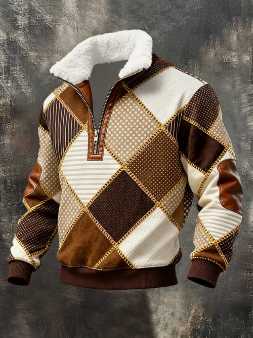 Men's Retro Distressed Color Block Print Casual Fur Collar Long Sleeve Sweatshirt