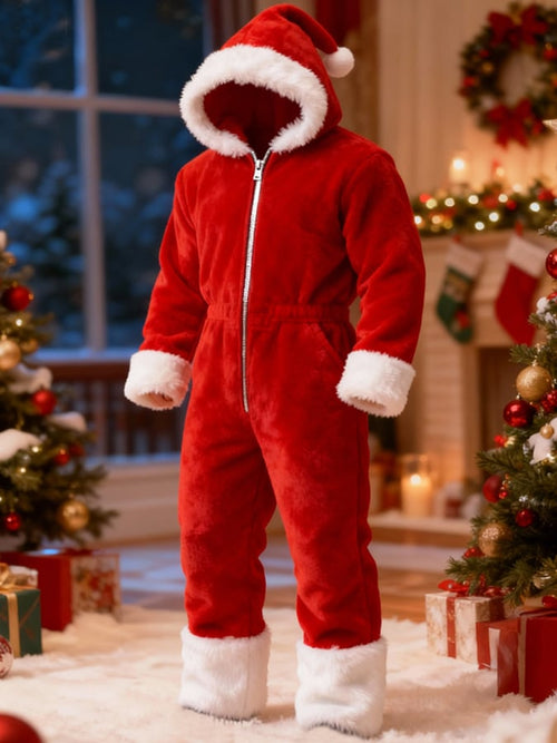 Men's Christmas Plush Warm Color-Blocked Jumpsuit