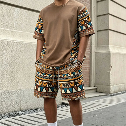 Men's Dark Brown Printed Crew-Neck Short-Sleeve T-Shirt and Shorts Set