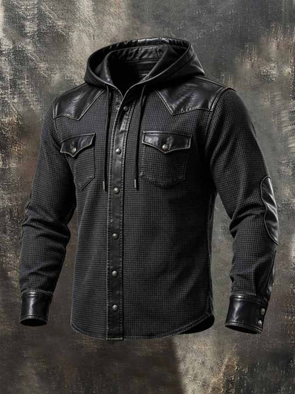 Men'S Vintage-Style Waffle-Knit And Leather Panel Hooded Western Shirt