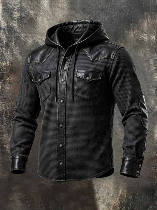 Men'S Vintage-Style Waffle-Knit And Leather Panel Hooded Western Shirt