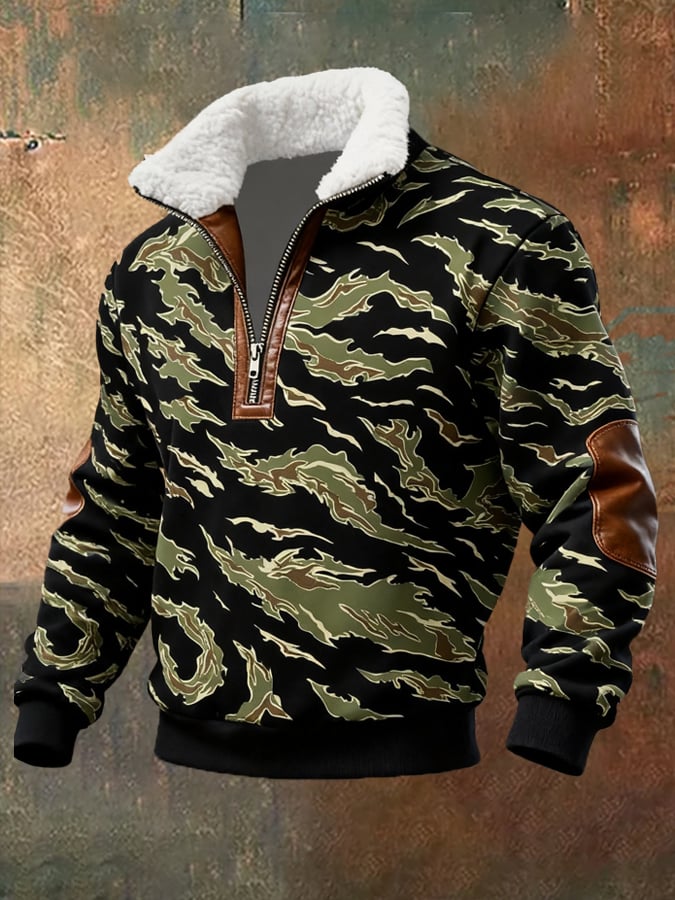 Men's Retro Distressed Color Block Camouflage Print Casual Fur Collar Long Sleeve Sweatshirt