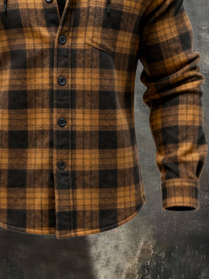 Men's Retro Plaid Warm Lambswool Lined Hooded Long Sleeve Shirt