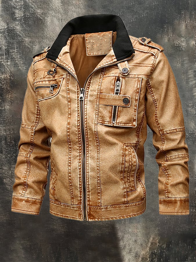 Men's Vintage Leather Multi-Pocket Outdoor Jacket