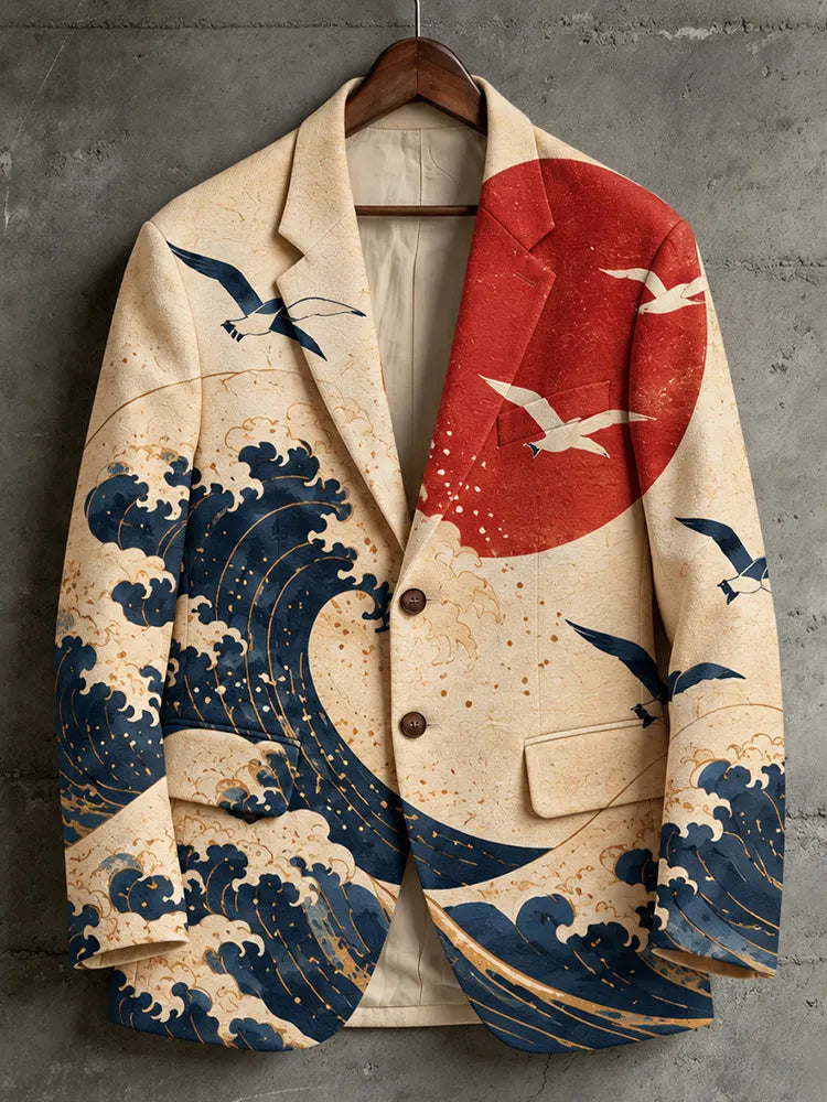 Men's Vintage Japanese Wave And Flying Bird Print Casual Blazer