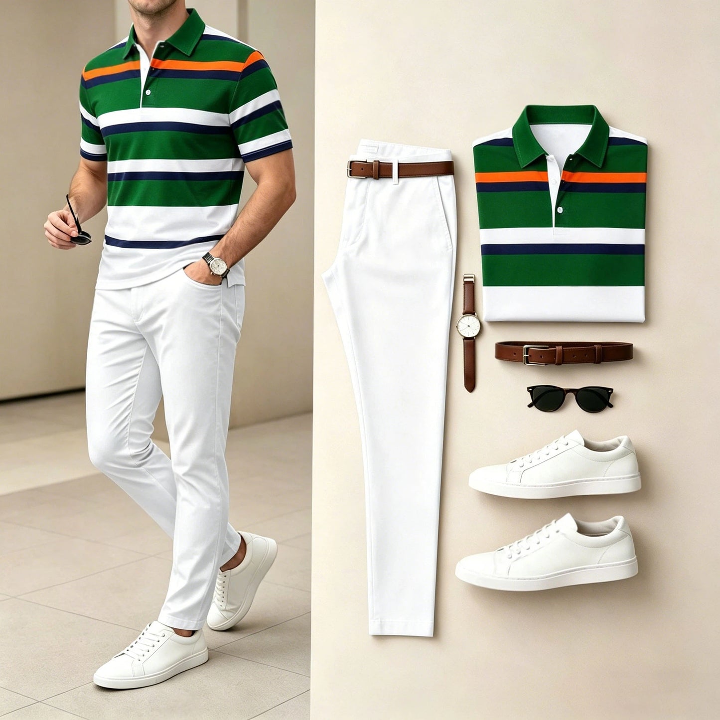 Men's Casual Dark Green & White Printed Polo Shirt And Pants Two-Piece Set