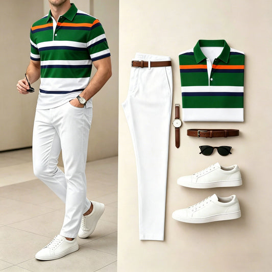 Men's Casual Dark Green & White Printed Polo Shirt And Pants Two-Piece Set