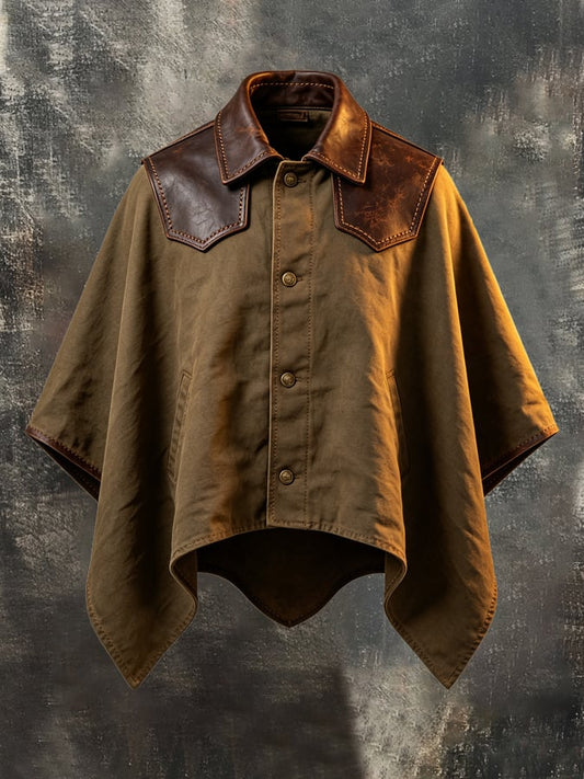 Men's Vintage Color-Block Leather Utility Cape/Cloak