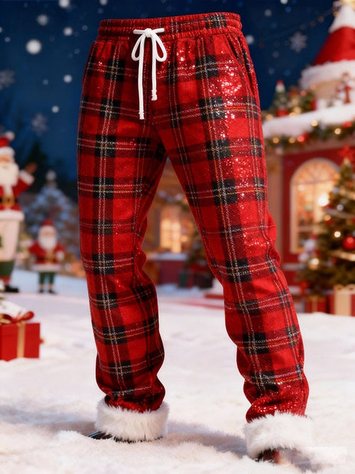 Men's Christmas Patchwork Furry Sequin Print Casual Pants