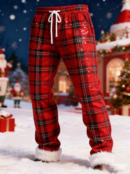 Men's Christmas Patchwork Furry Sequin Print Casual Pants