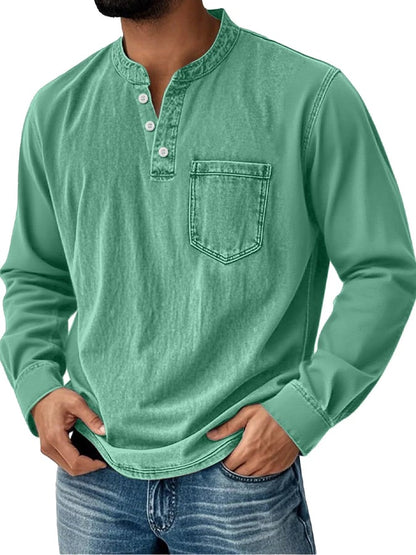 Men's Vintage Basic Distressed Long Sleeve Henley Shirt