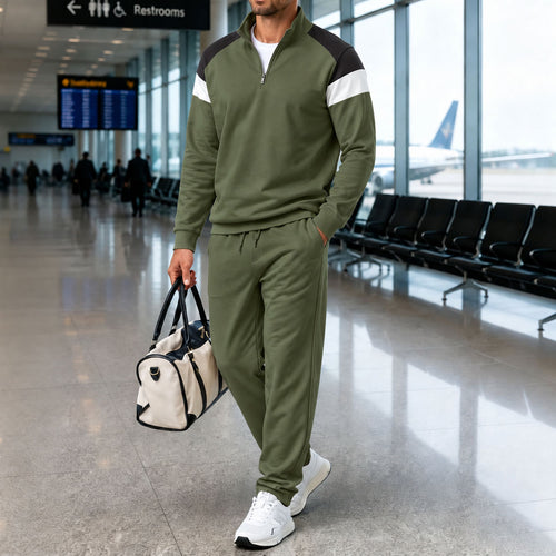 Men's Green Stand-Up Collar Long-Sleeve Shirt and Pants Set