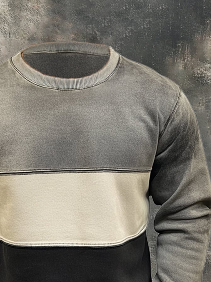 Men'S Vintage Distressed Colorblock Round Neck Long-Sleeved Sweatshirt