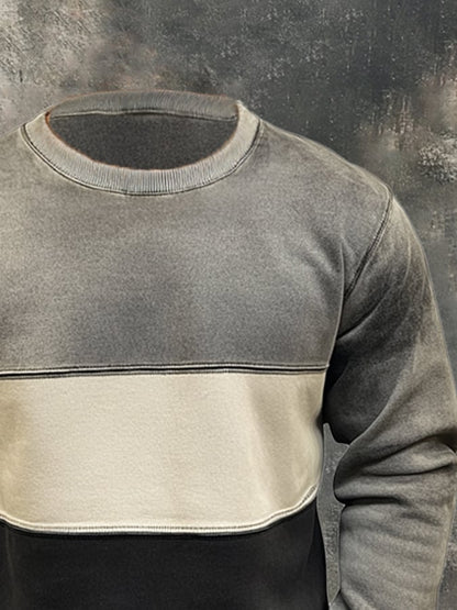 Men'S Vintage Distressed Colorblock Round Neck Long-Sleeved Sweatshirt