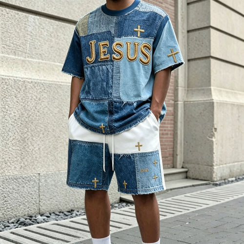 Men's Casual Denim Set with Gold-Letter Print Round-Neck Short-Sleeve T-Shirt and Shorts